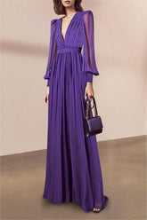 Chiffon V-Neck Lantern Sleeve Midi Dress